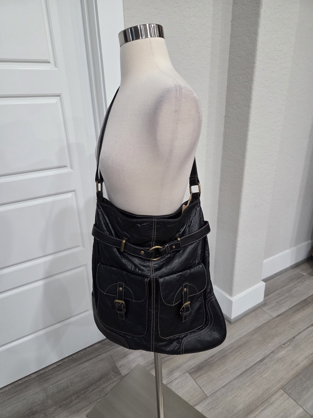 Sonoma Black Faux Leather Shoulder Bag with Front Buckle Pockets